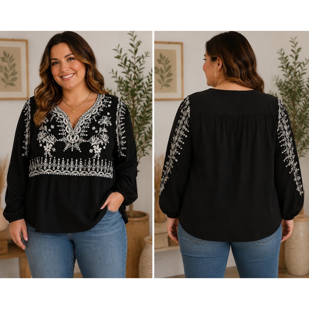 Savanna Jane Womens 1X Black Embroidered V-Neck Long‎ Sleeve Boho Blouse P17576